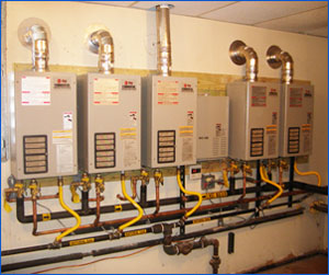 photo of consecutive flash water heaters for a middle school